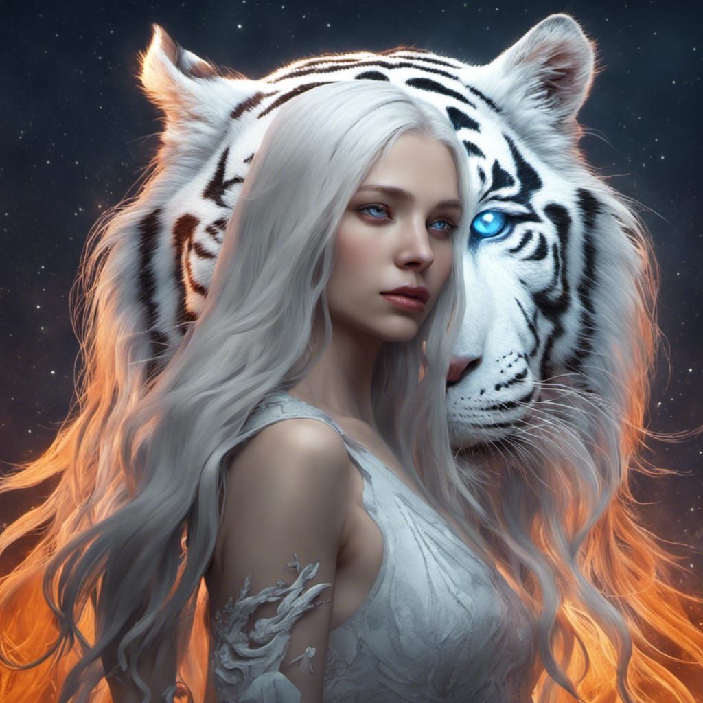 White Haired Woman and Tigers Under Stars