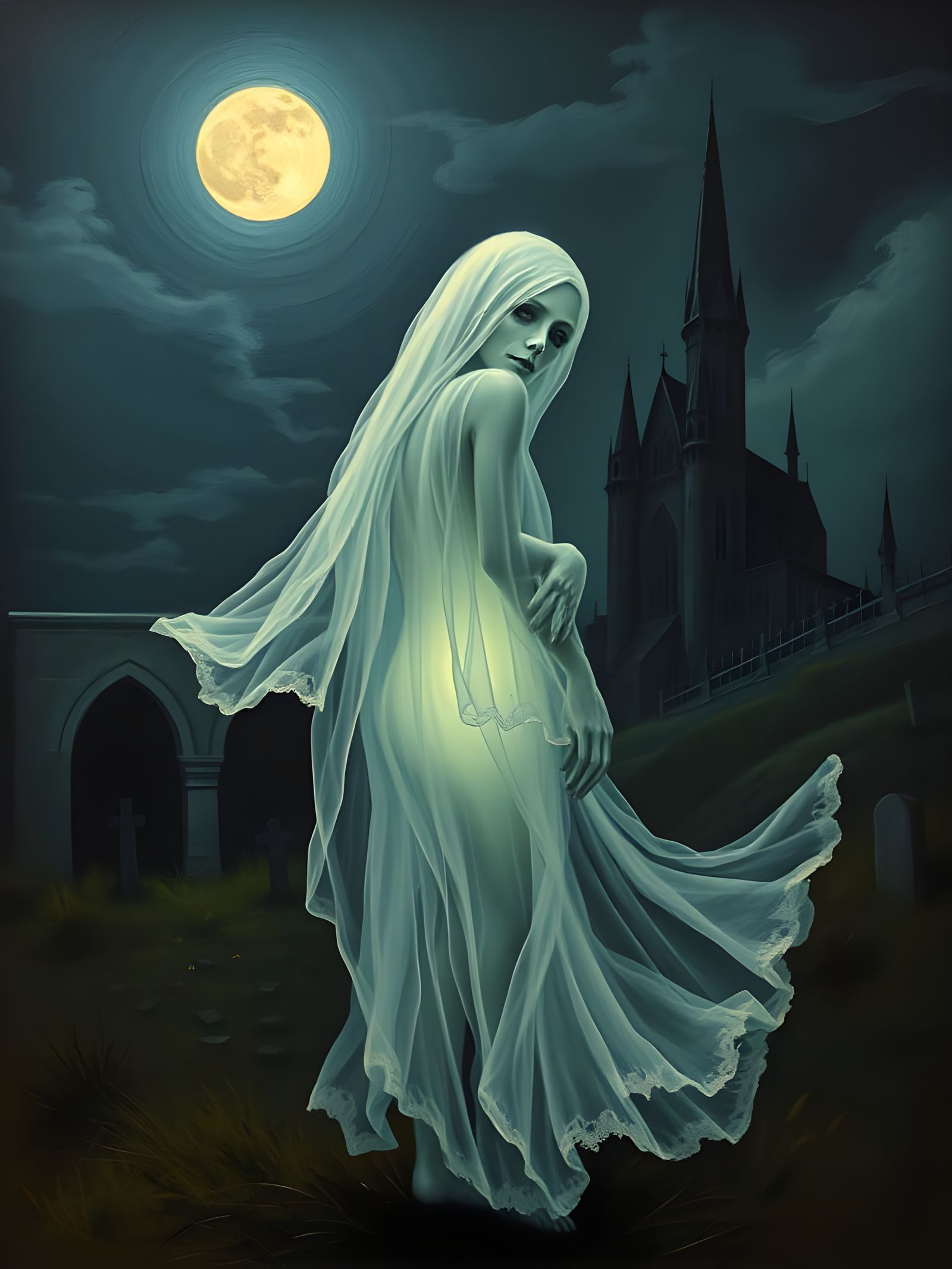 Ghostly Pinup Apparition in Ethereal Gothic Style