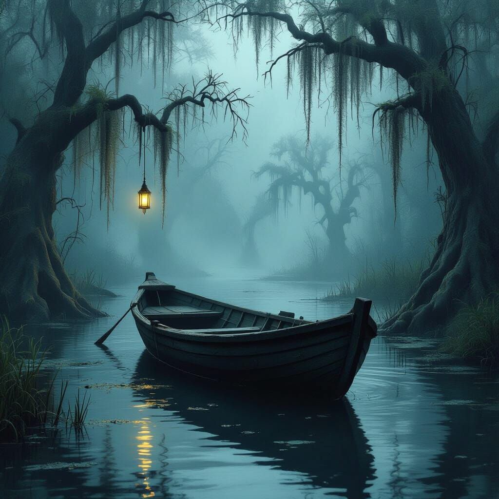 Mystical Swamp Boat with Lantern in Dark Fantasy Style