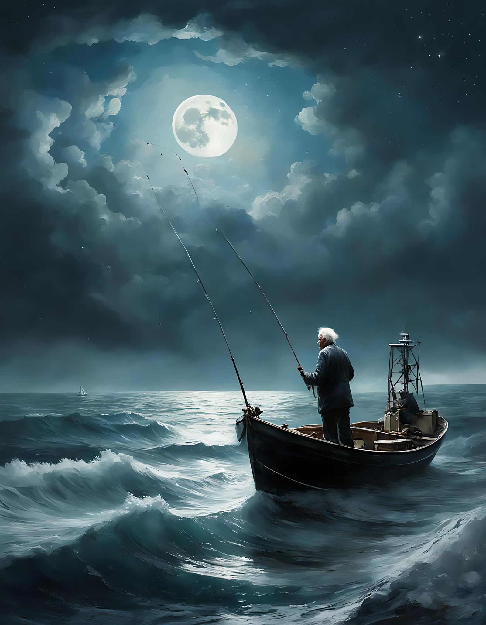 Old Man Fishing Under Starry Night