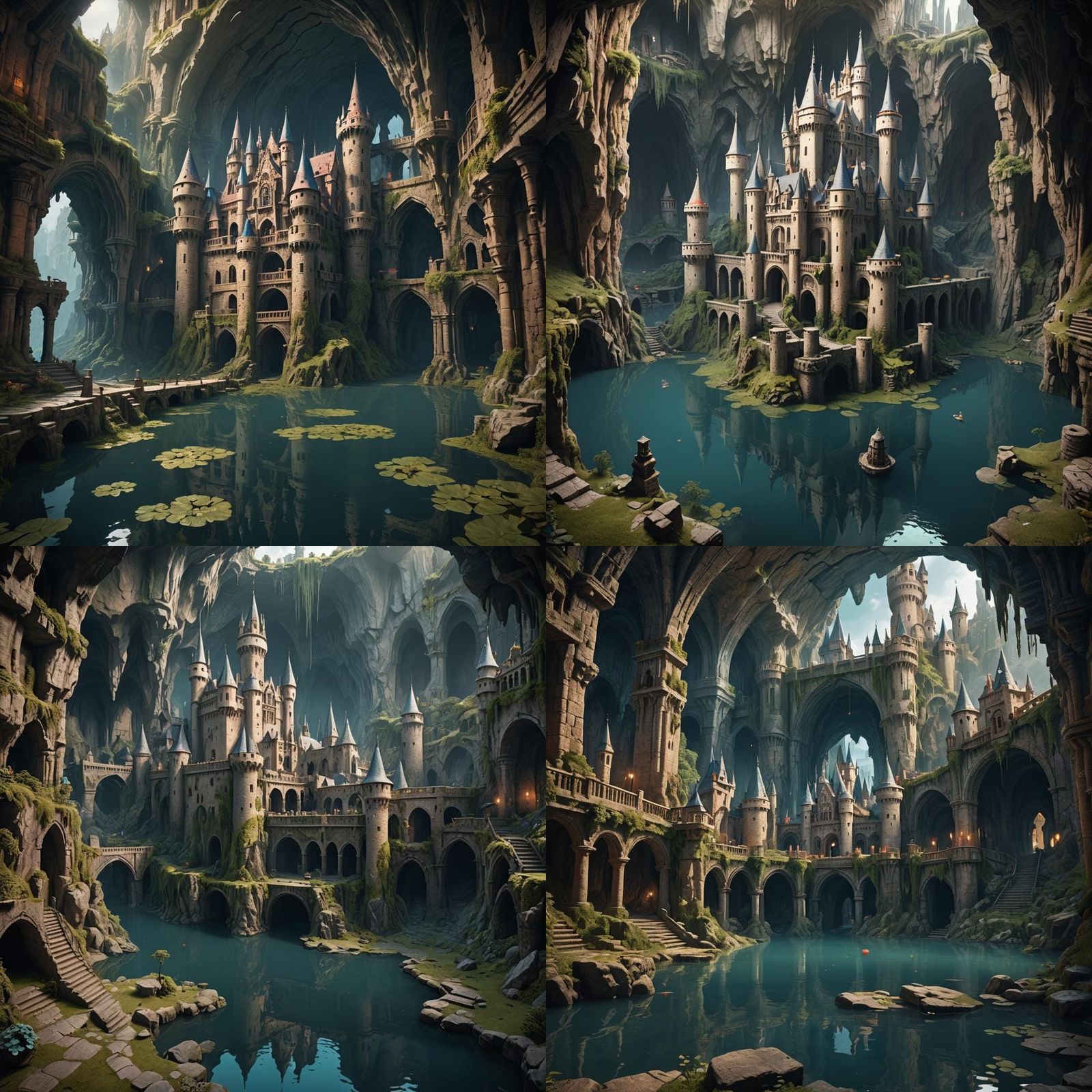 Underground City with Lake and Castle: Fantasy Concept Art