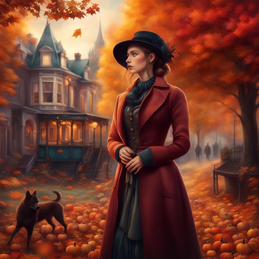 Cozy Victorian Woman in Colorful Autumn Landscape