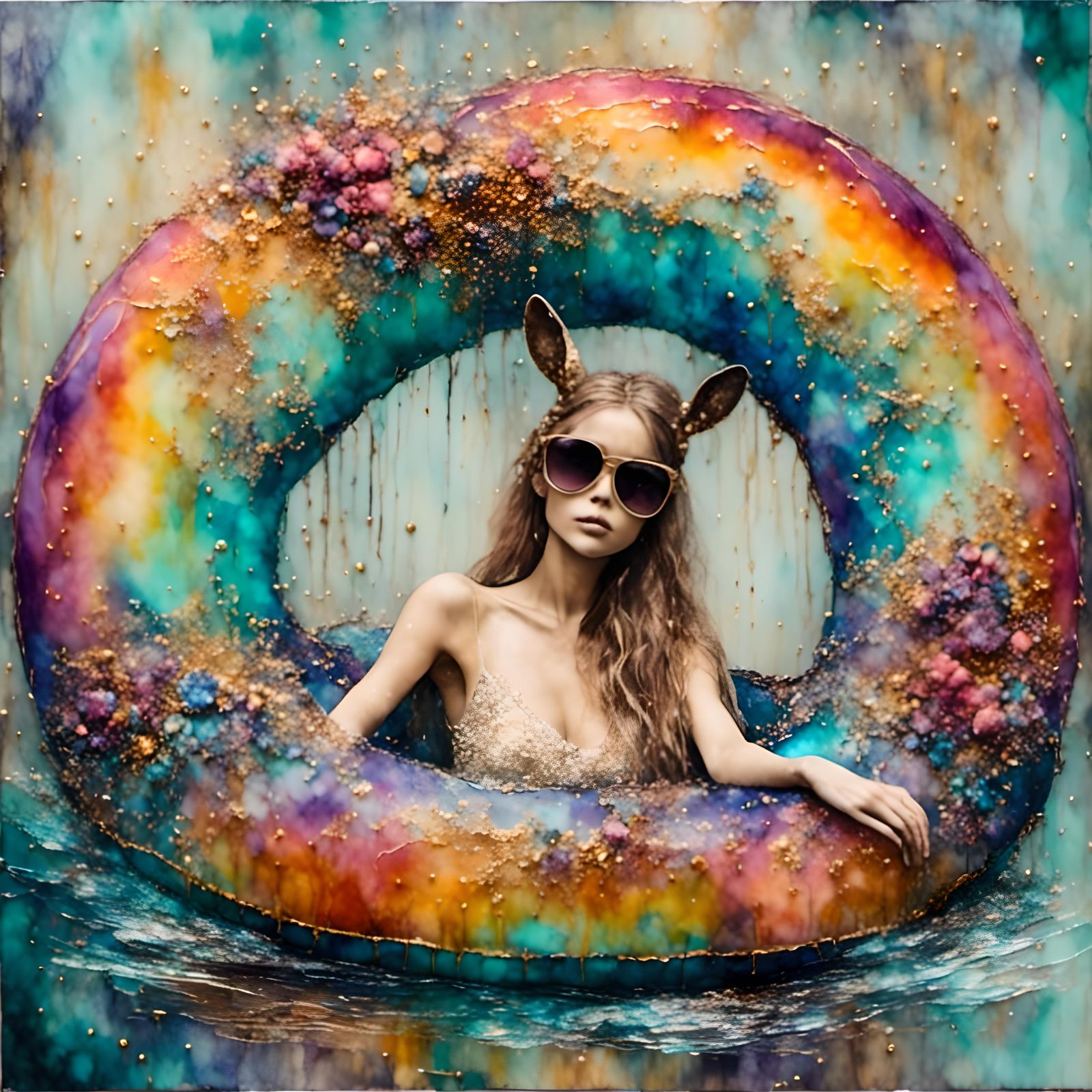 Gazelle on Donut Float in Encaustic Collage