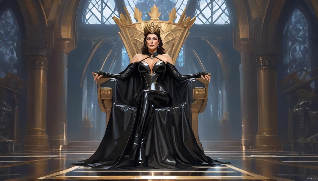 Goddess on Throne in Reflective Latex, Dramatic Lighting