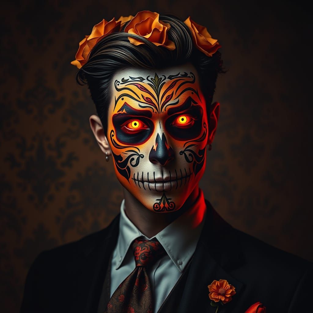 Vibrant Sugar Skull Man in Dramatic Digital Art