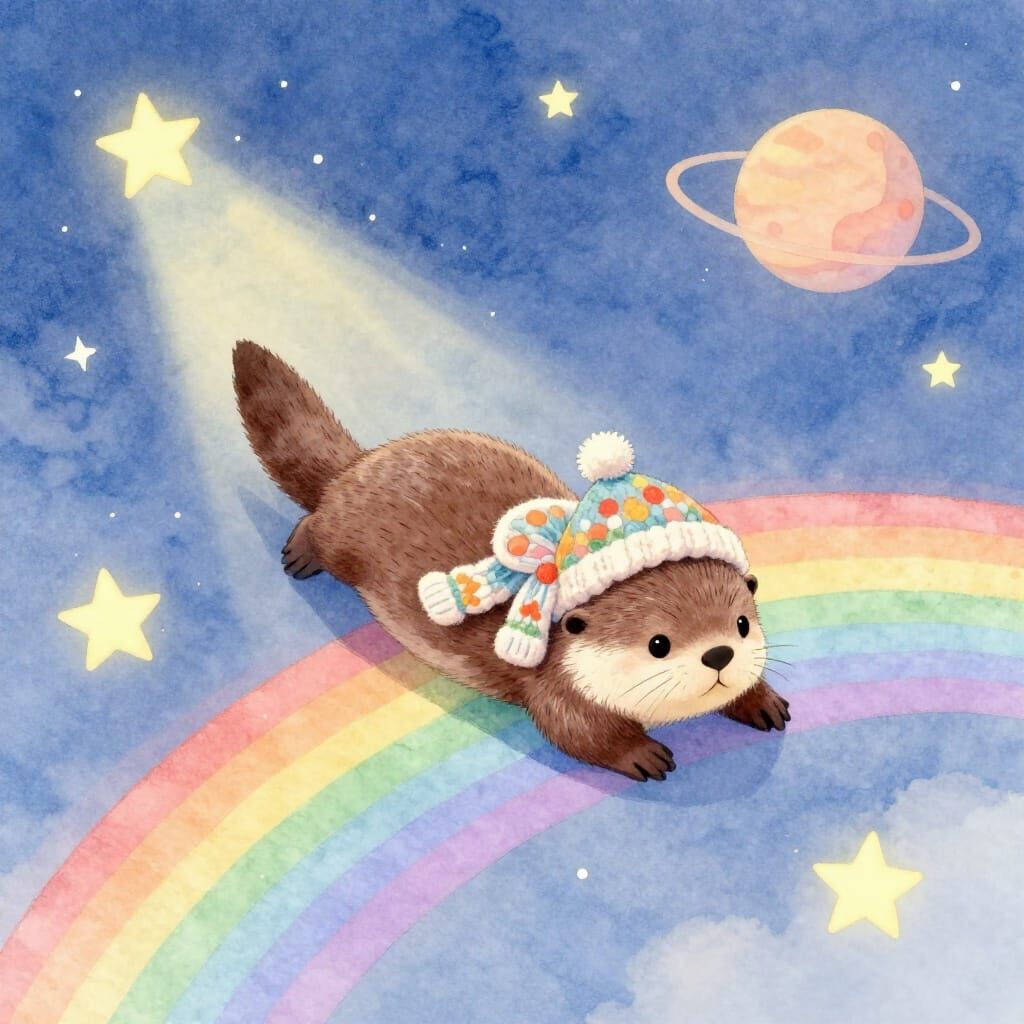 Otter Slides Down Light Rainbow in Celestial Dreamscape