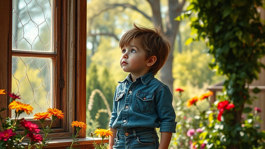 Boy Gazing at Grandma's Window in Photorealistic Style