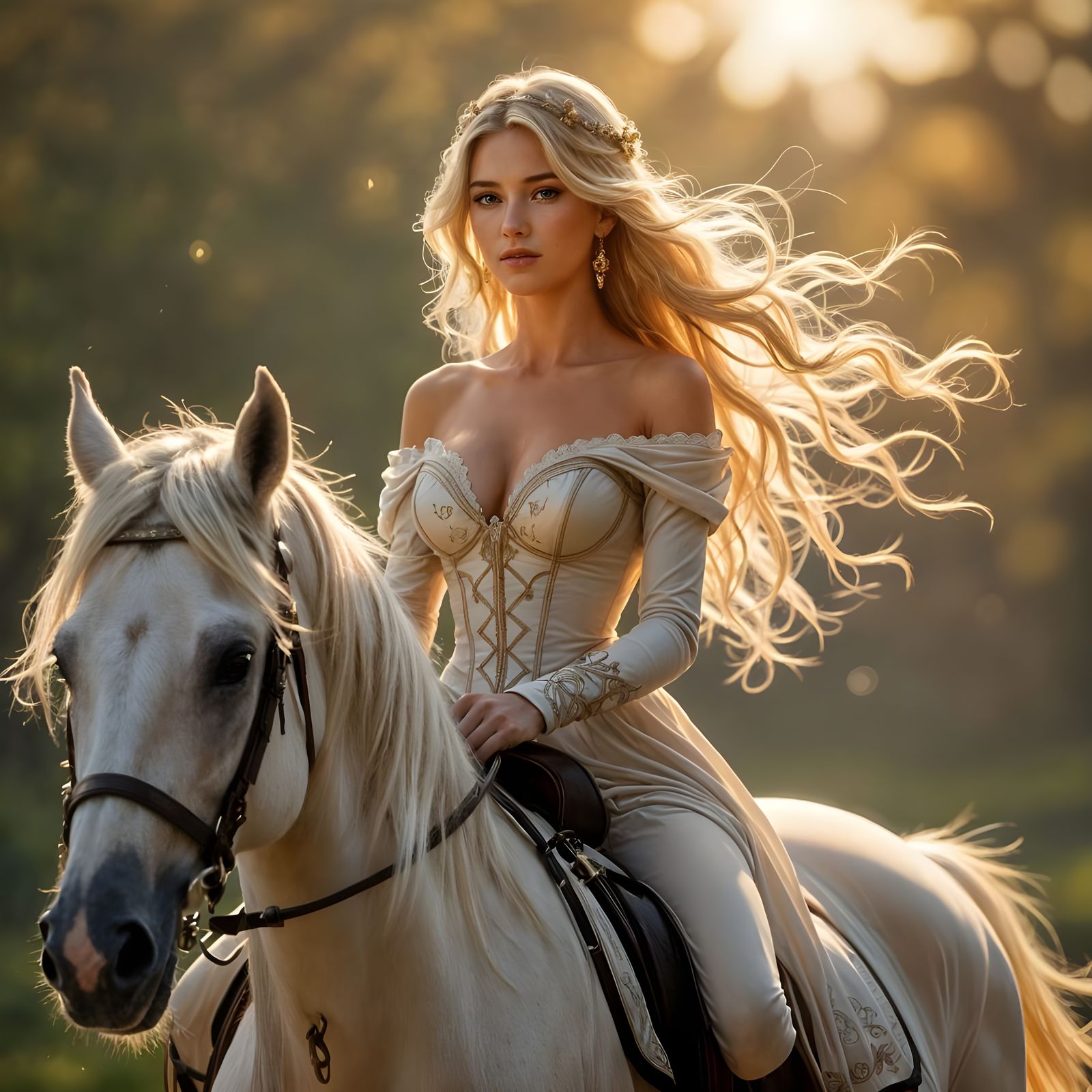 Dreamlike Woman on Horse with Flowing Hair
