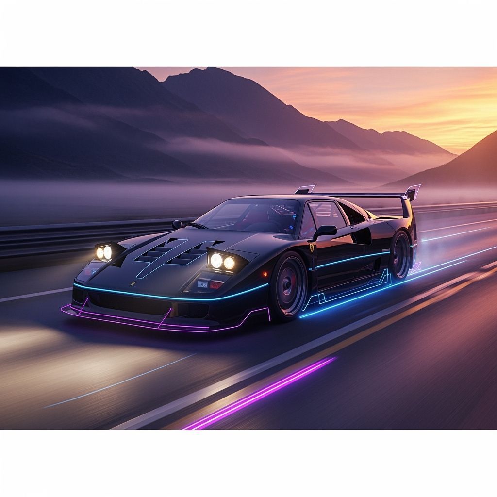 Ferrari F40 Races into a Sunset, in a Syd Mead Style