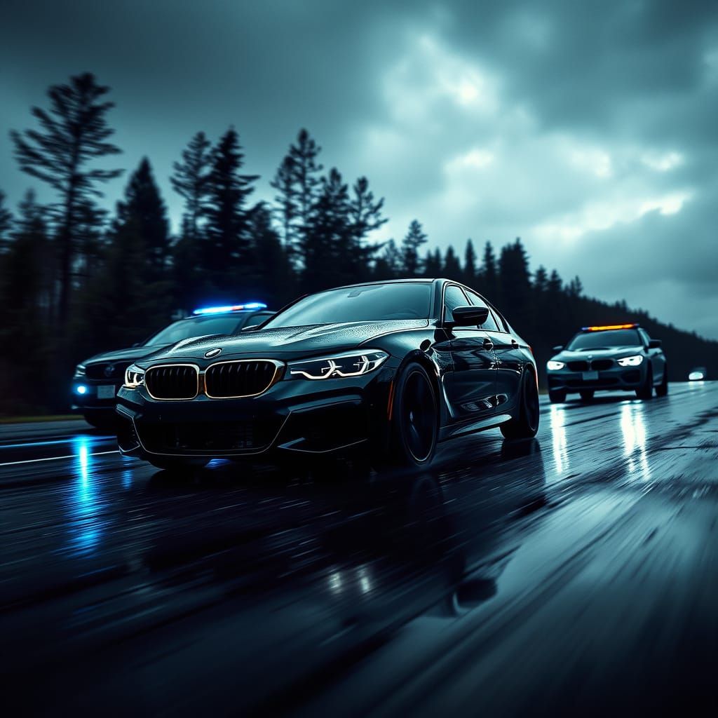 Police Chase on Rainy Road in Cinematic Style