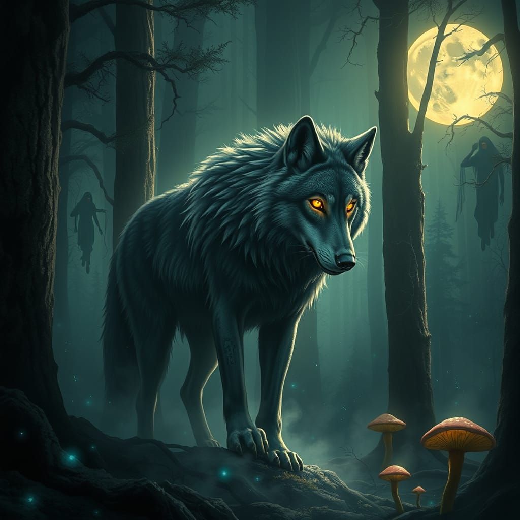 Mystical Wolf in Magical Moonlight Forest