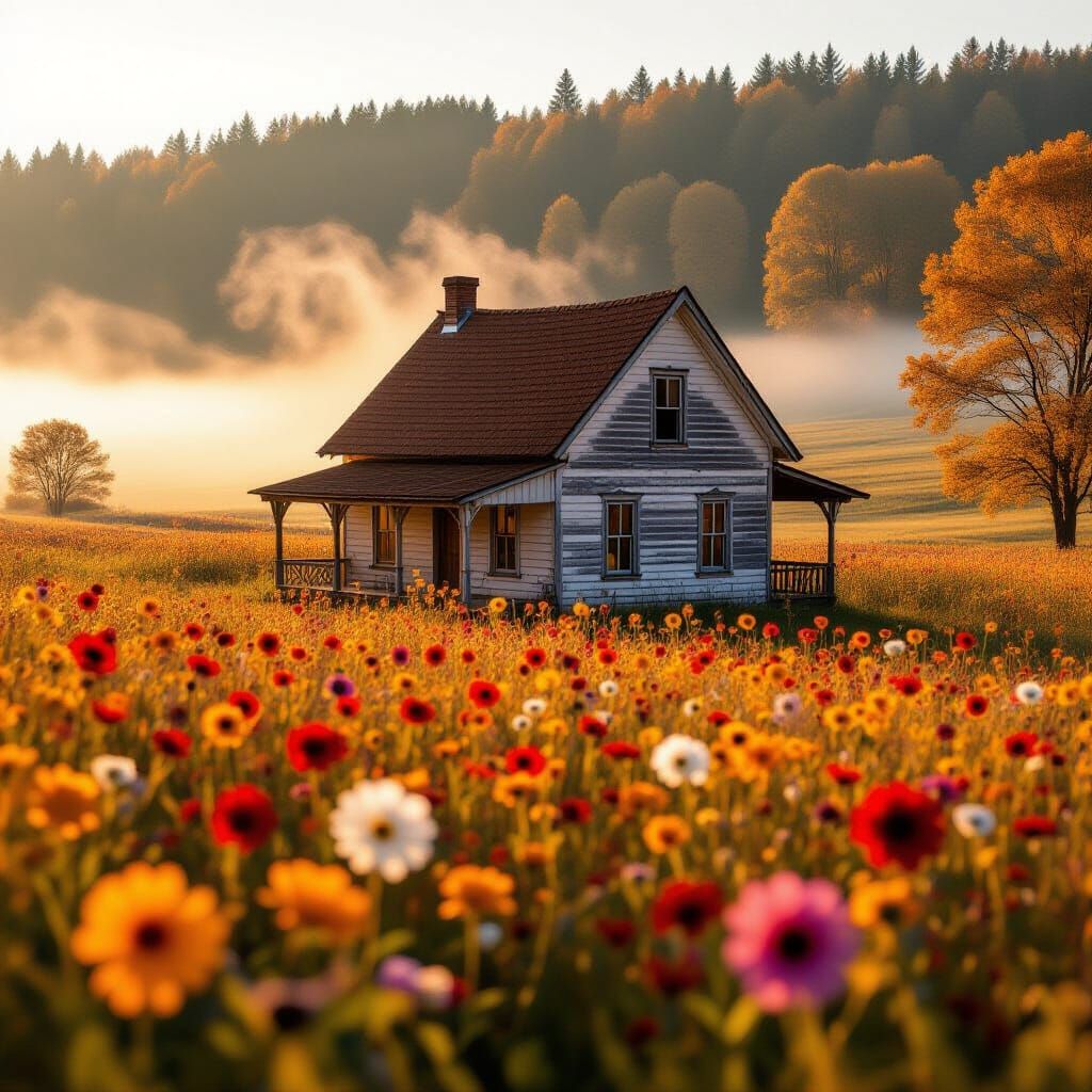 Solitary House in Vibrant Autumn Landscape at Dusk