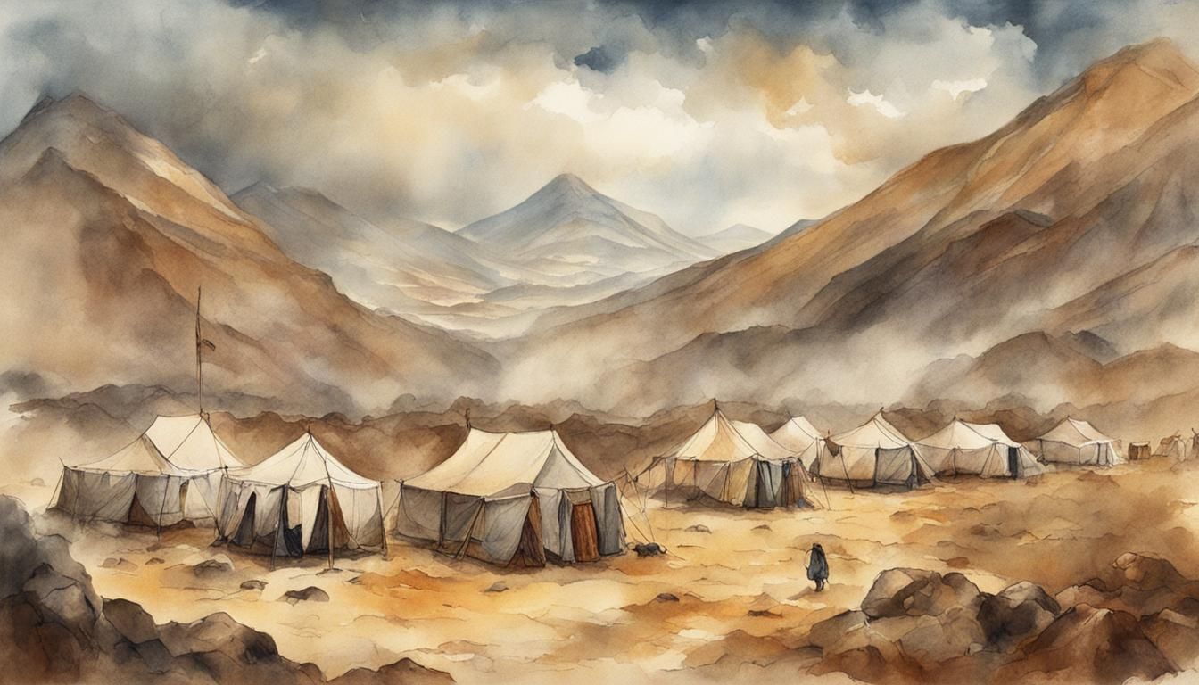 Campement of Israel with tents around the  Tabernacle at the foot of Mount Sinai.