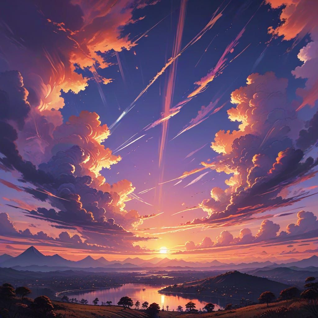 Vibrant Anime Sunset with Cel-Shaded Beauty