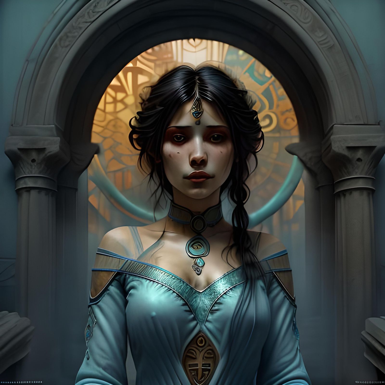 Meditating Prophetess in Blue and Gold, Digital Art