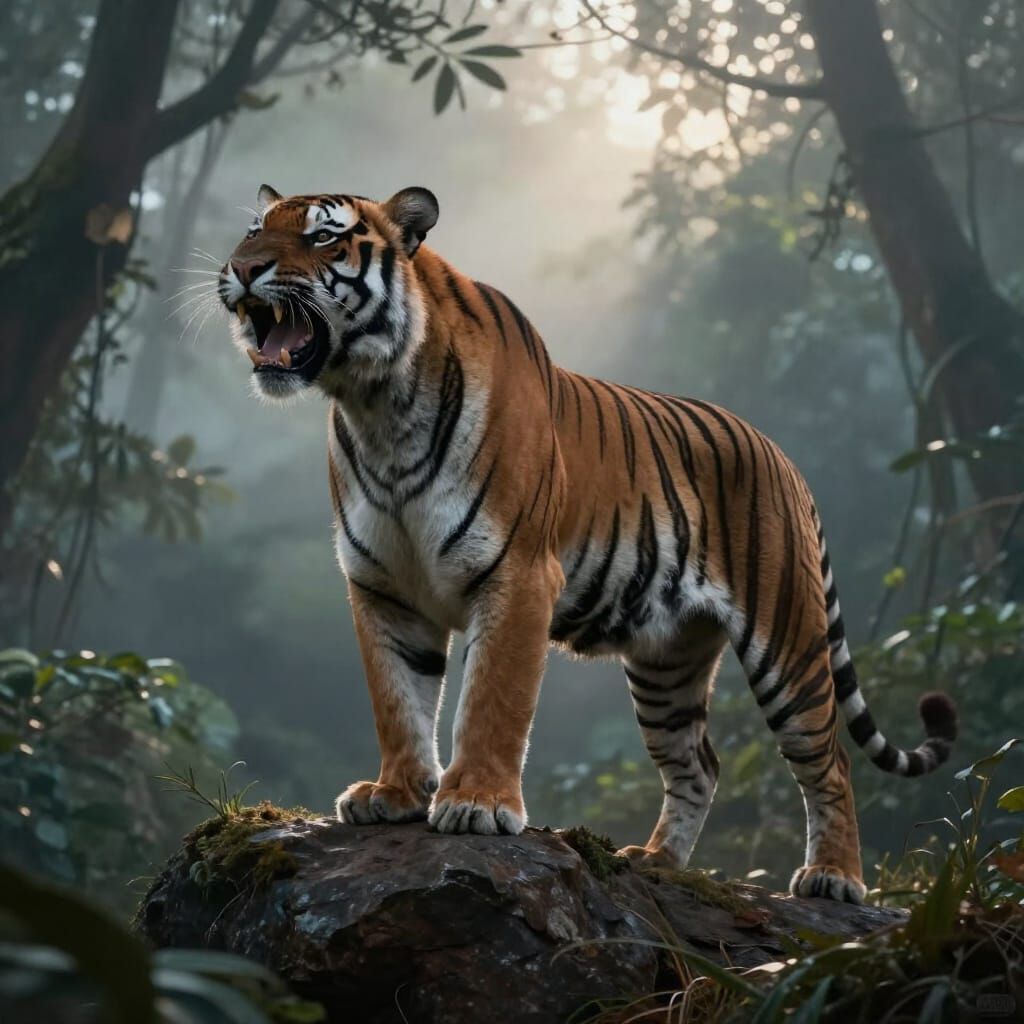 Ferocious Bengal Tiger Roaring in Misty Jungle at Dawn