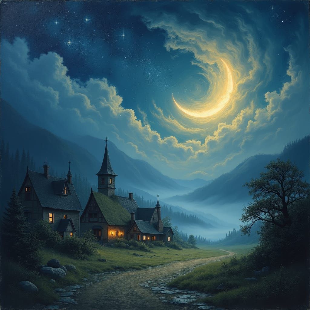 Mystical Village Under Starry Skies