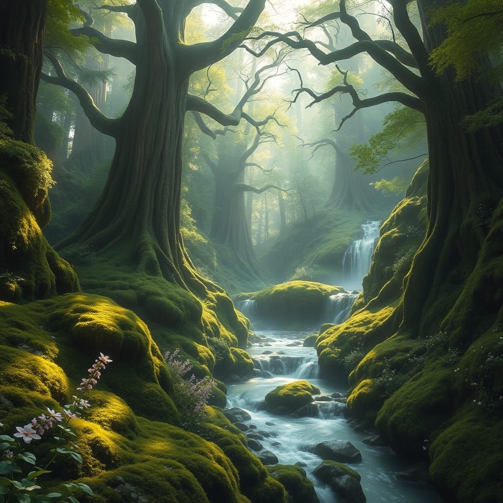 Lush Ancient Forest with Luminous Moss and Waterfalls