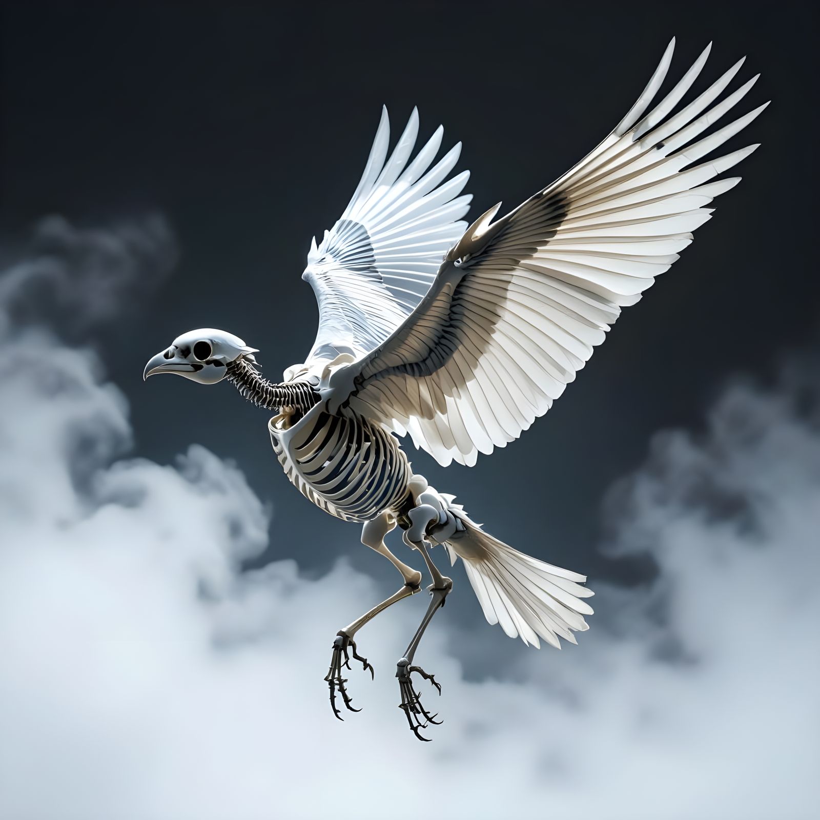 Hyper-realistic Bird Skeleton in Flight, Biomechanical Style