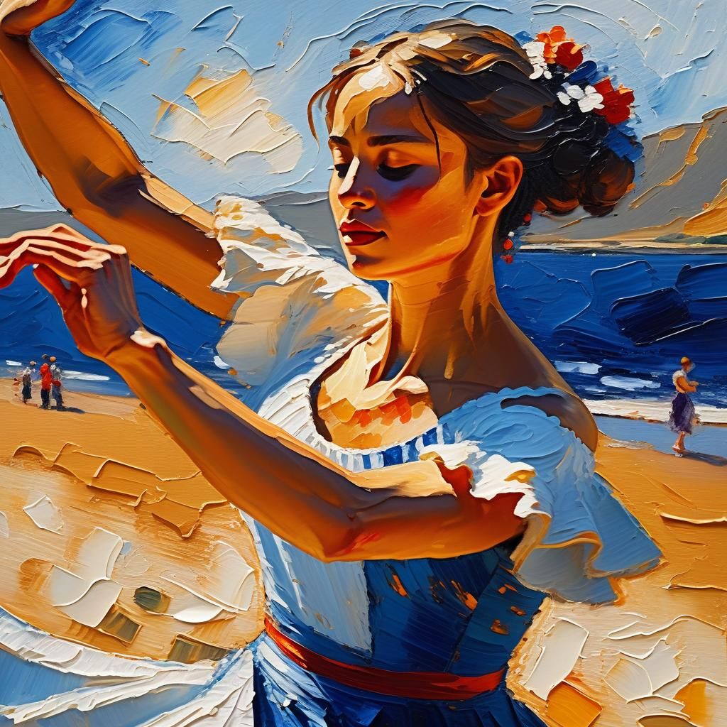 Flamenco Dancer on Beach, Impasto Painting