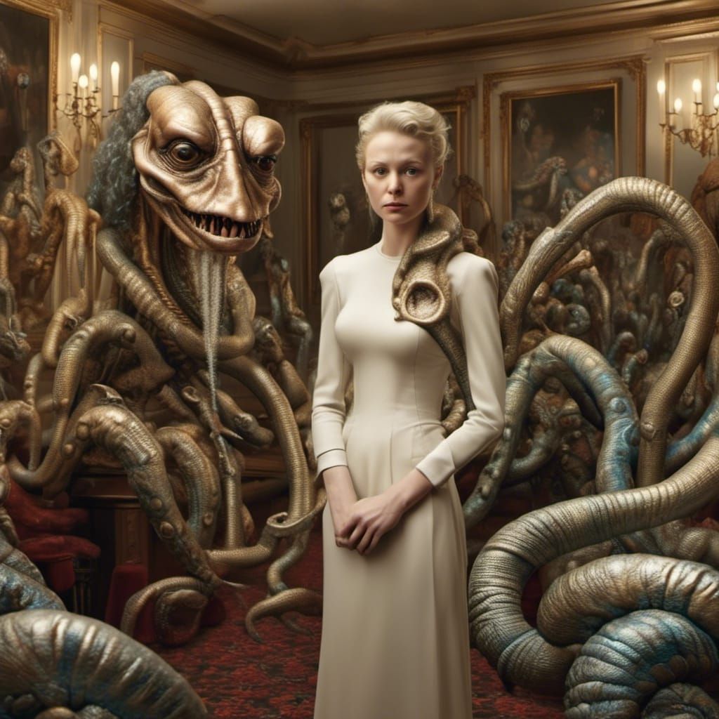 Movie Characters Party: A Photorealistic Max Ernst Style