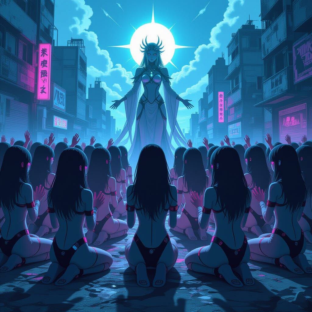 Cyberpunk Anime Girls United in Worship