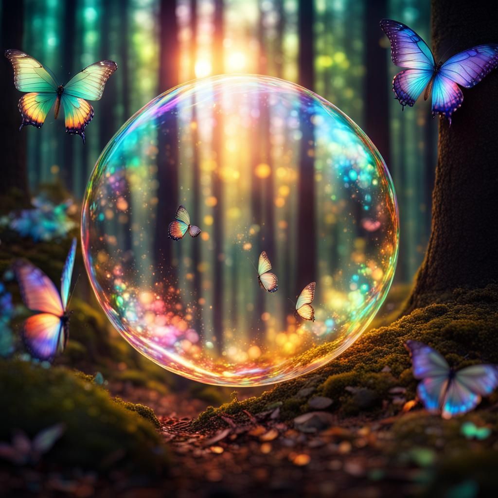 Iridescent Soap Bubble and Butterflies in Forest