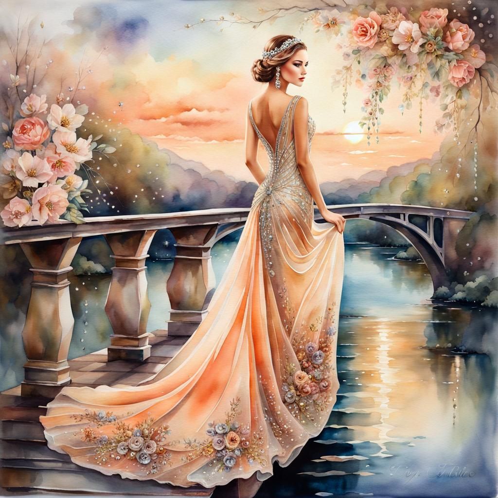 Fantasy Girl on Bridge in Diamond Watercolor Style
