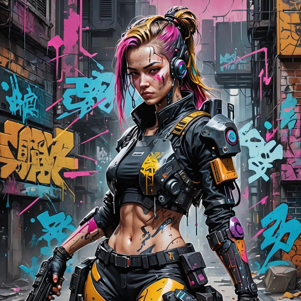 Cyberpunk Warrior in Graffiti Street Art Style
