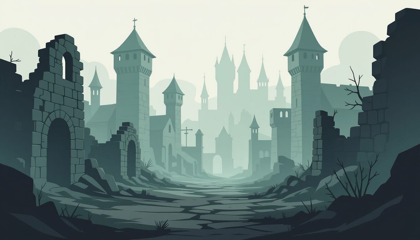 Eerie Ruined Medieval City in Cartoony Minimalist Style