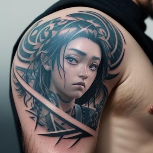 Anime Character Portrait with Tribal Tattoo Design