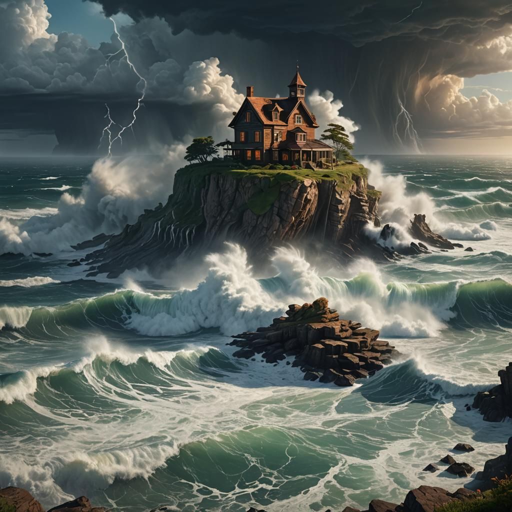 Cliffside House Amidst Giant Waves and Tornadoes