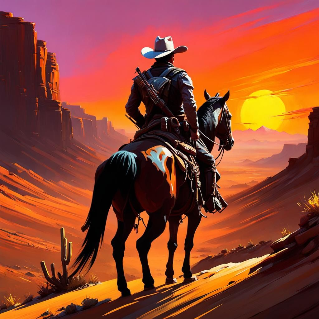Cowboy in Desert Canyon Sunset: Impasto Painting