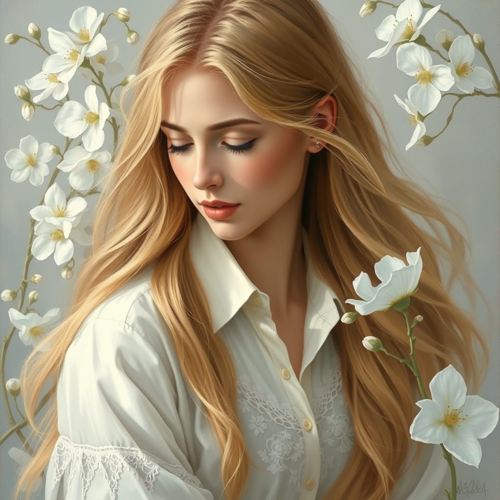 Ethereal Portrait of Blonde Woman in Pre-Raphaelite Style