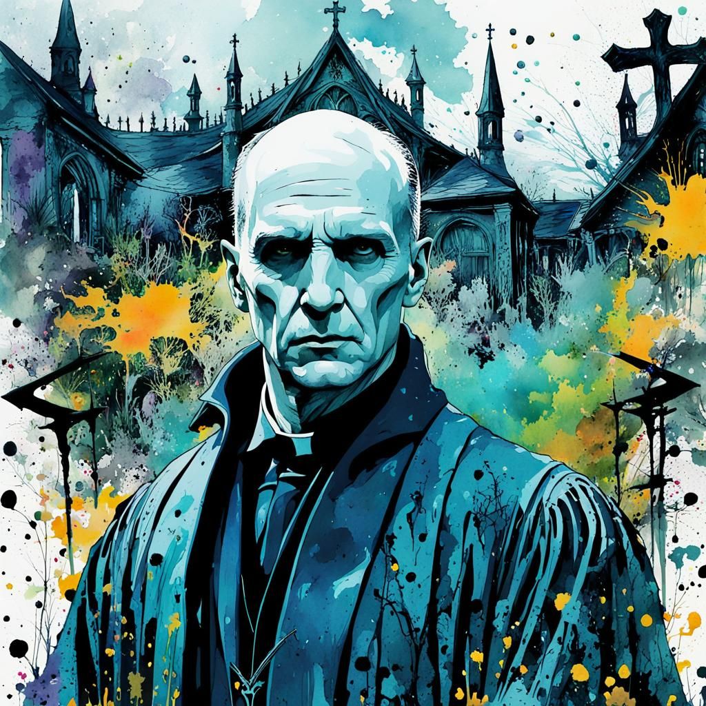 Voldemort Graveyard Double Exposure in Watercolor Style