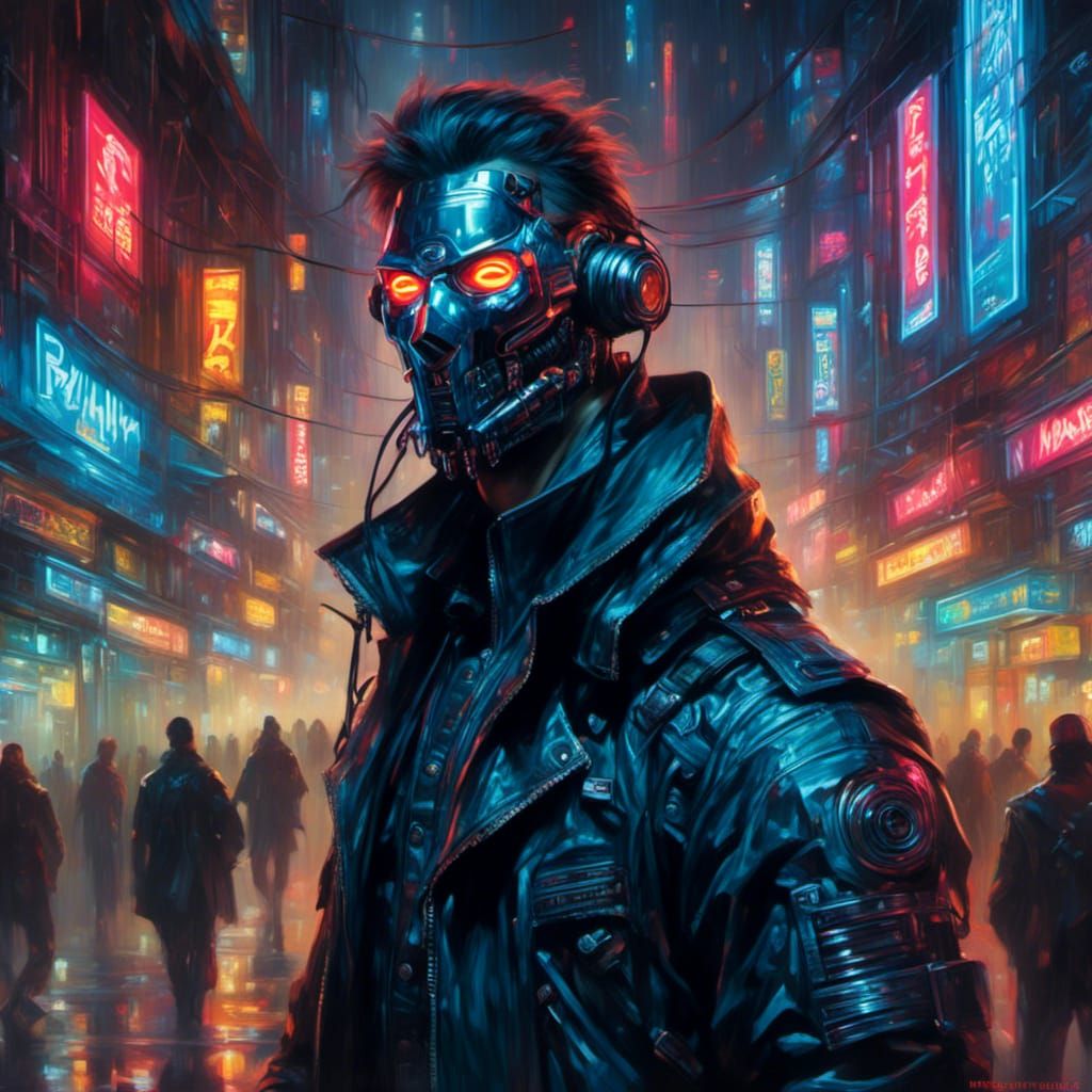 Sinister Cyberpunk Enforcer Portrait in Dark Ominous Style