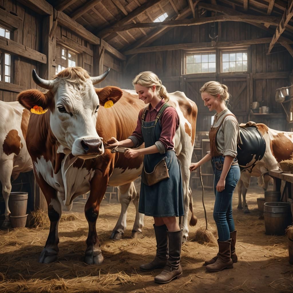 Peasant Girl Milking Cow in Vintage Barn: Fantasy Art