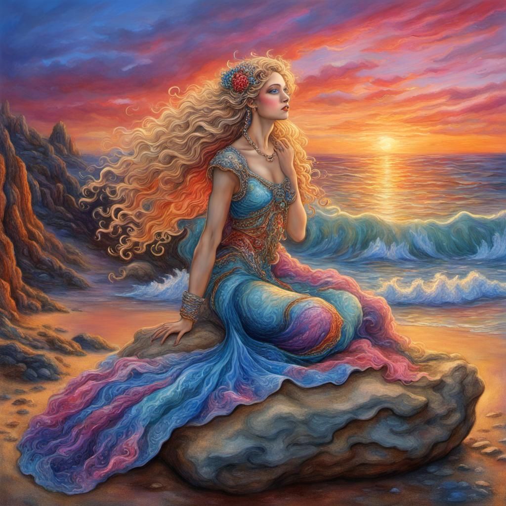 Siren Singing at Sunset, Photorealistic Digital Art