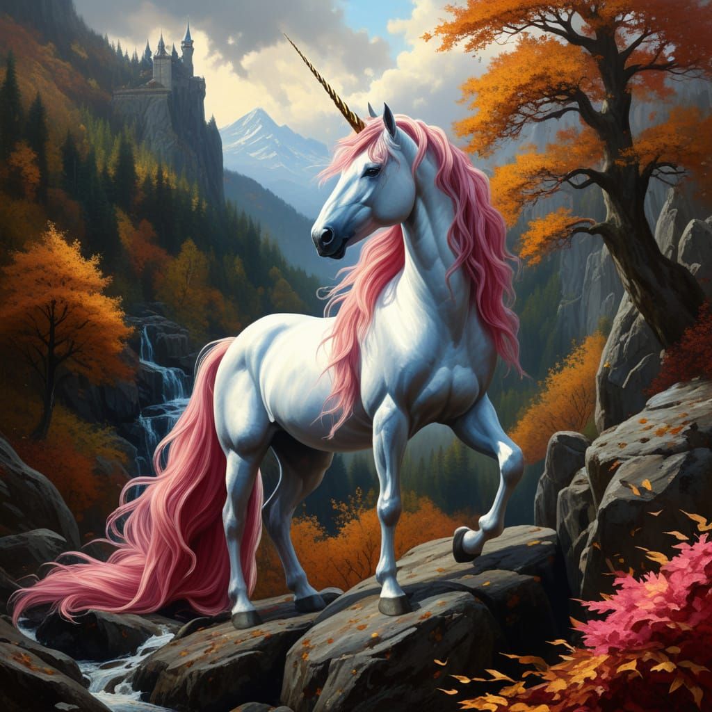 Majestic Unicorn on Cliff in Oil Painting Style