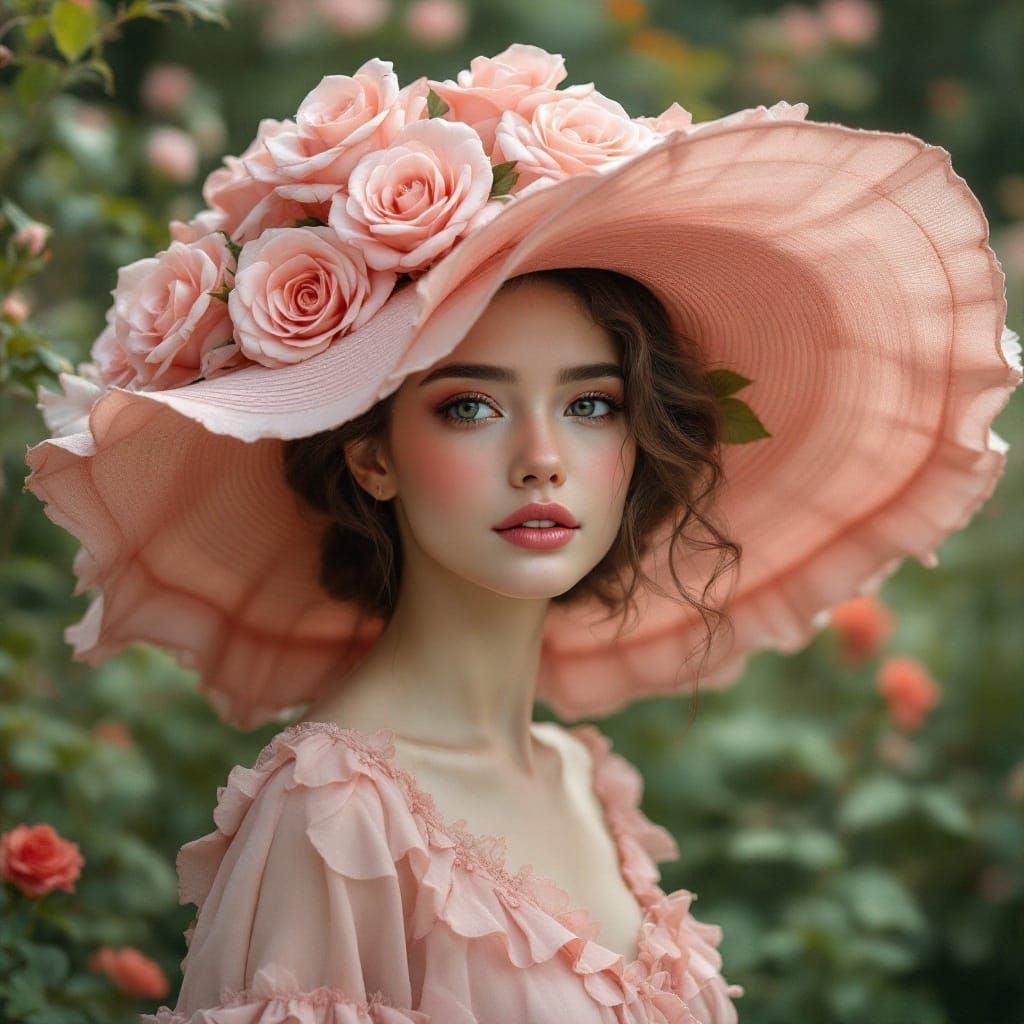 Dreamy Woman in Pink with Flowered Hat