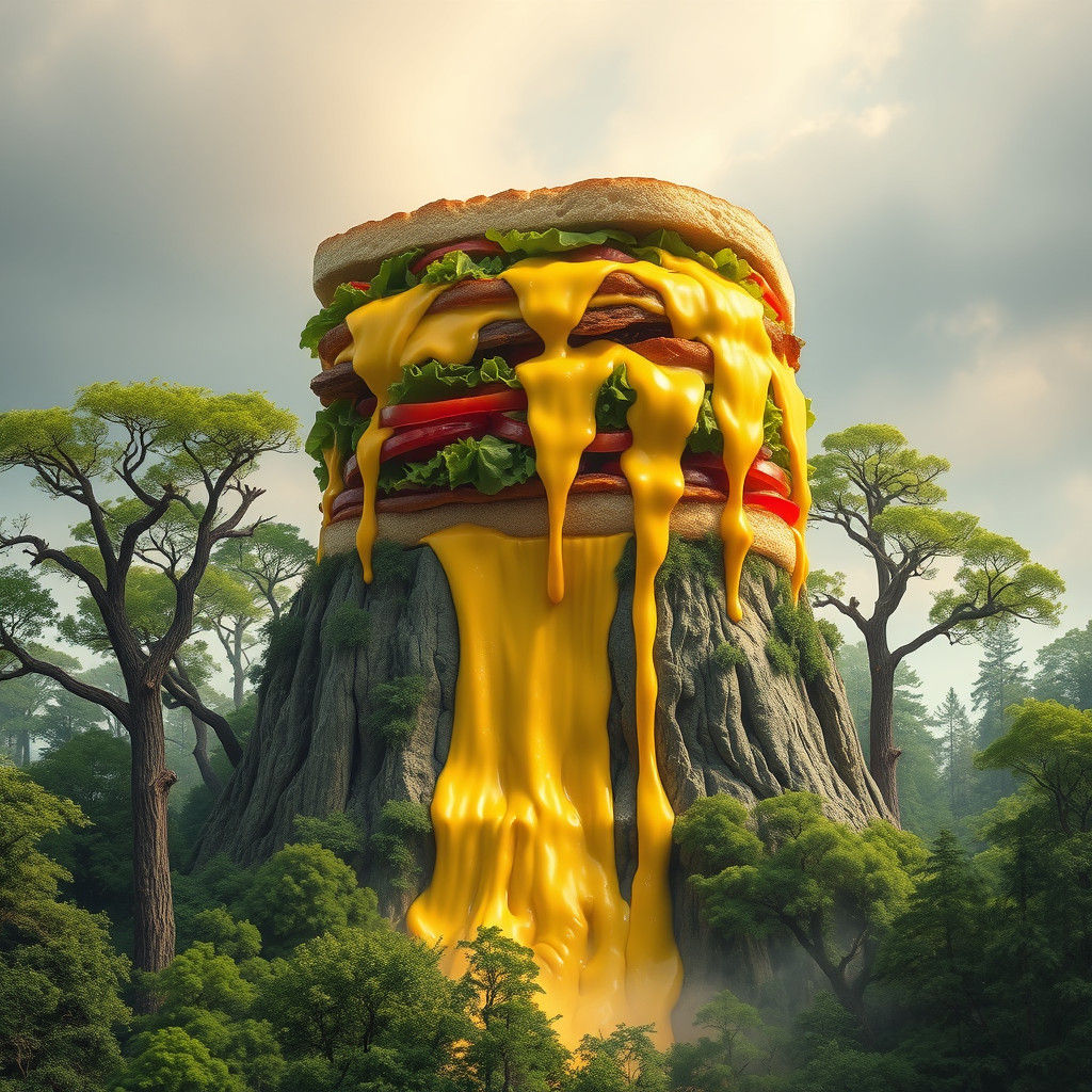 Surreal Sandwich Rises Above Emerald Forest