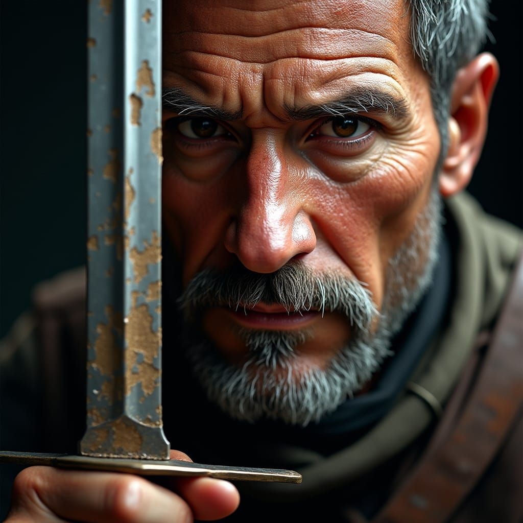 Weathered Man with Sword: Photorealistic Cinematic Portrait