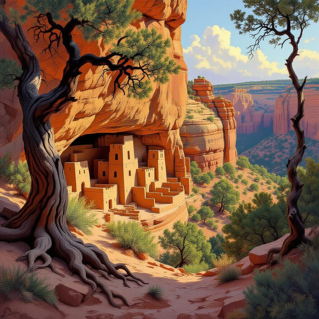Ancient Cliff Dwellings in Rusty Red Sandstone Landscape