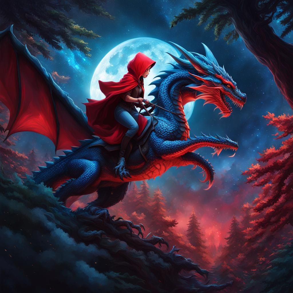Red Riding Hood on Dragon in Galaxy Forest