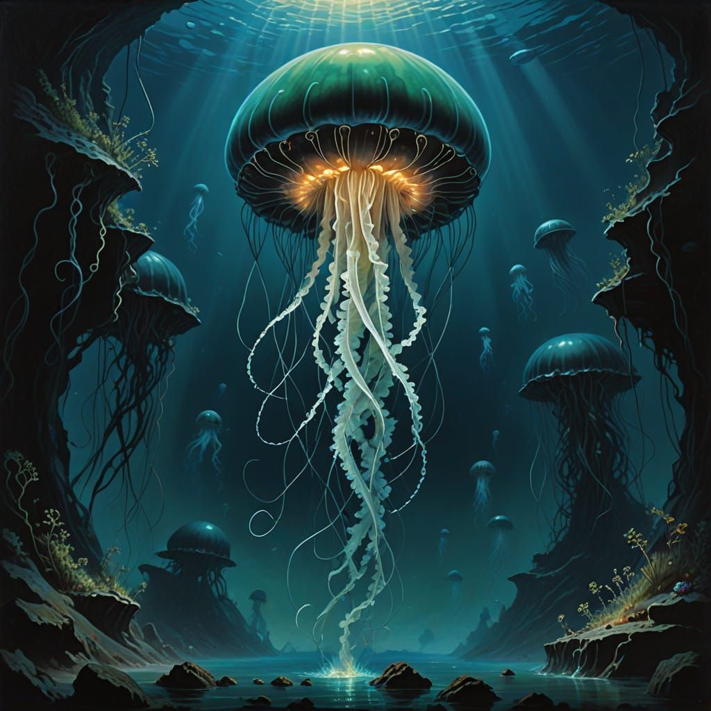 Bioluminescent Jellyfish in Deep Ocean Trench: Dark Fantasy