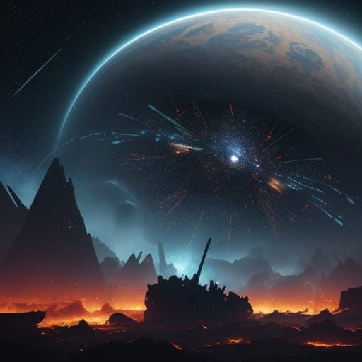 Cinematic Space Battle in Midnight Blue Sky