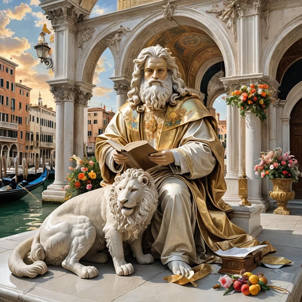 Hyperreal Saint Mark Writing with Lion in Venice