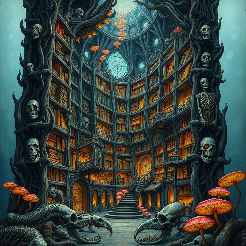 Surreal Bone Library with Bioluminescent Fungi