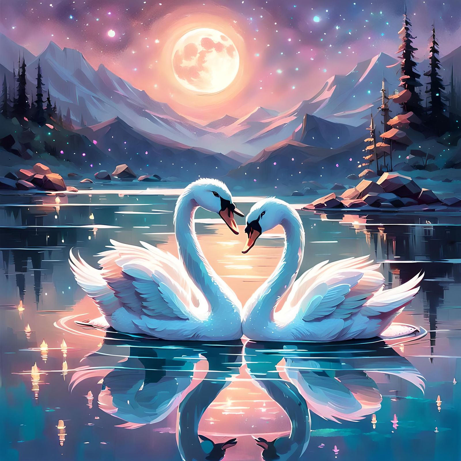 Crystal Swans in Shimmering Lake under Starry Sky