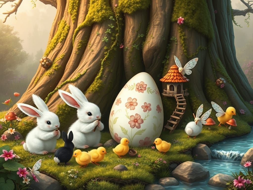 Enchanted Easter: Bunnies Decorating Egg in Fairy Village
